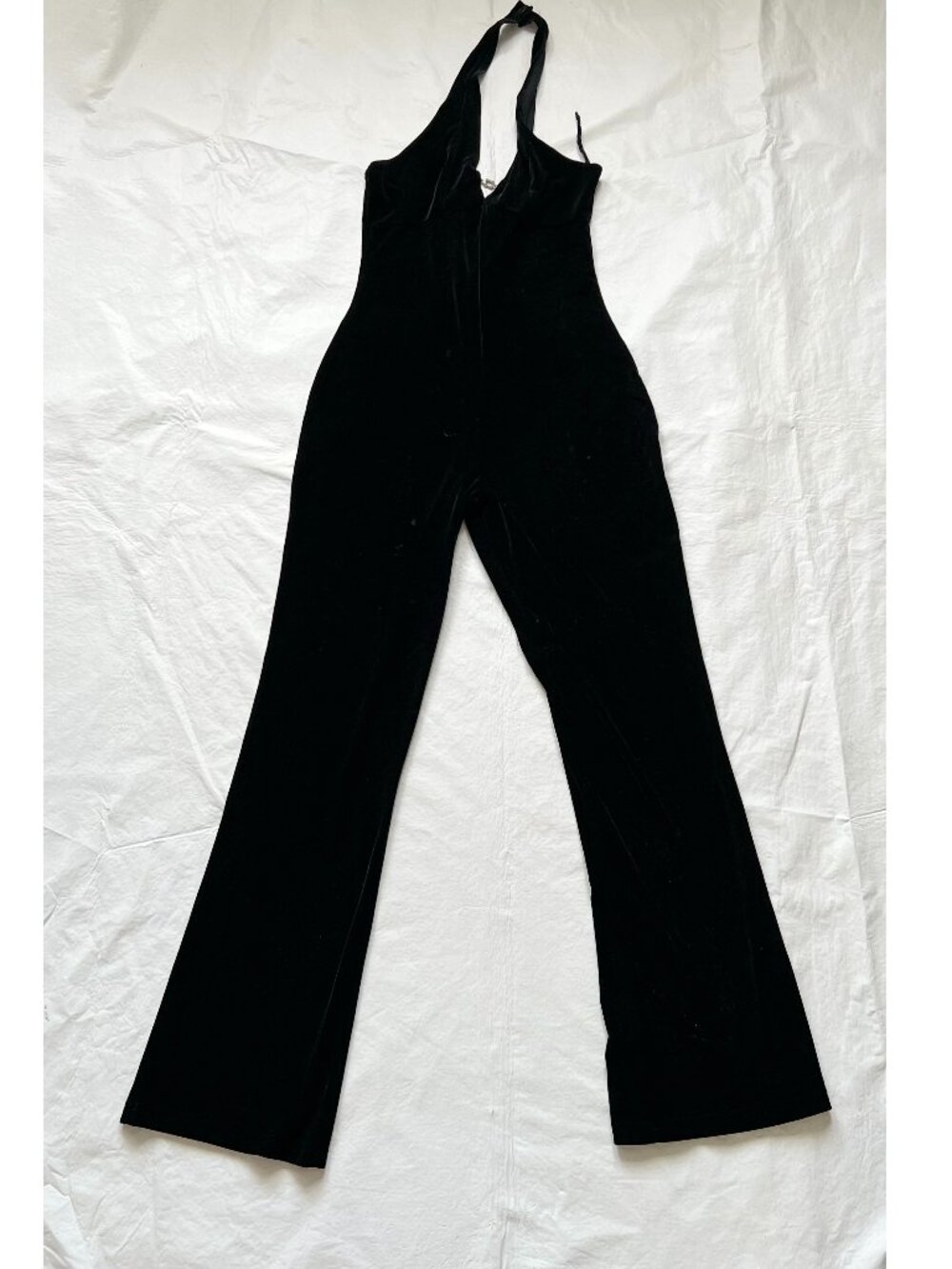 Vintage 90s jumpsuit black velvet halter neck backless flared leg Large v neck